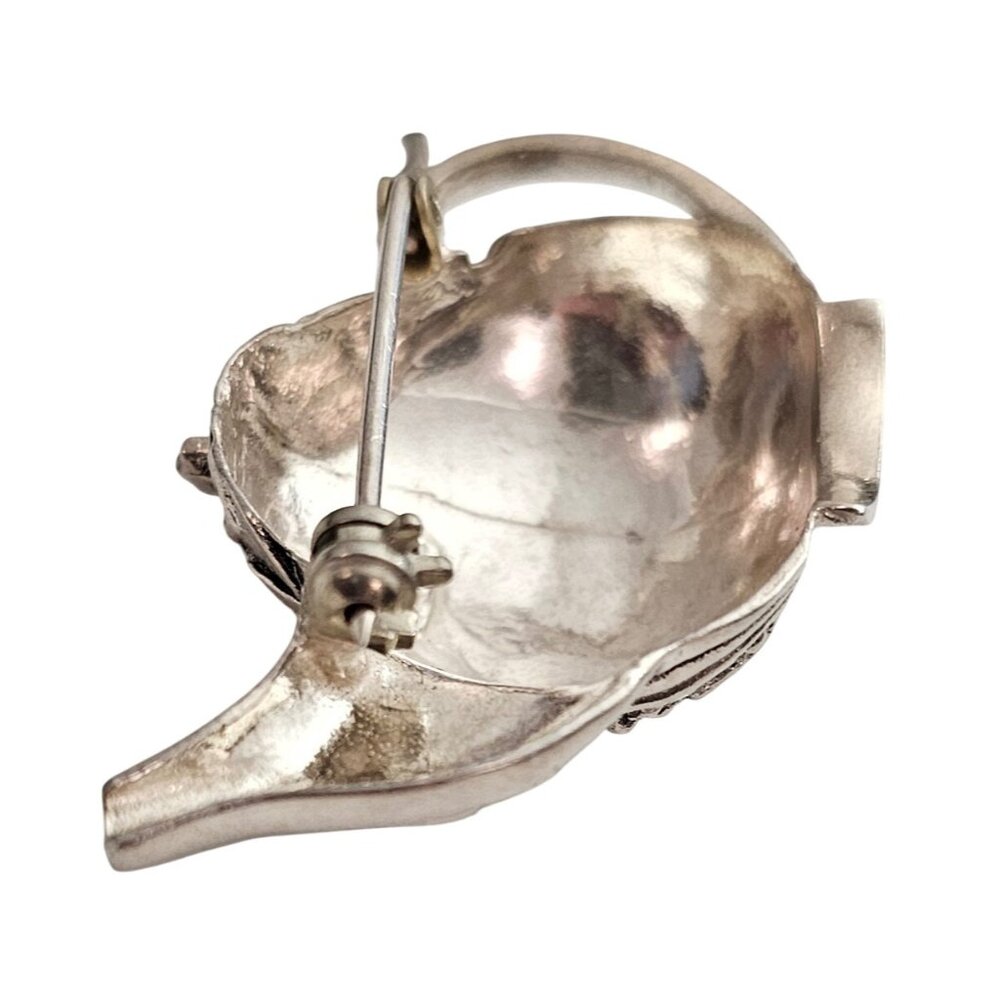 Sterling Silver Repousse Teapot Brooch Scroll Design Pin J379 View 6